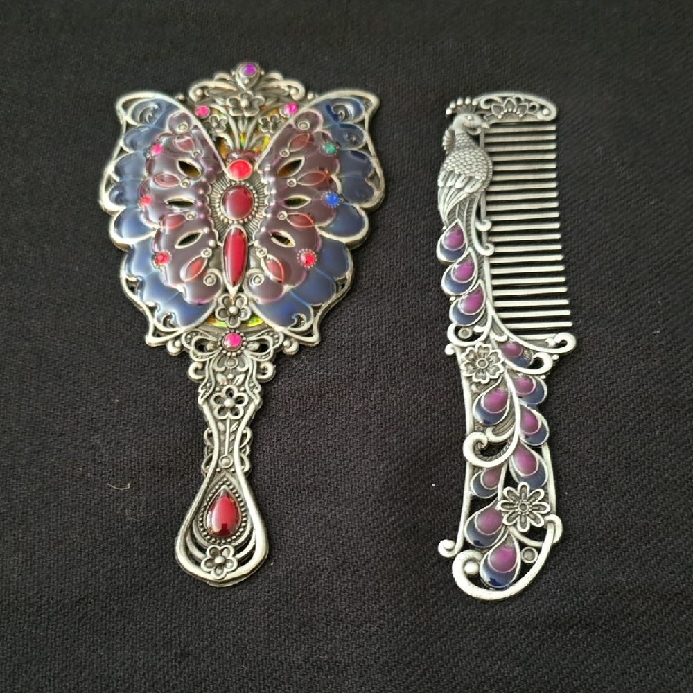 Ornate Butterfly Mirror and Comb Set